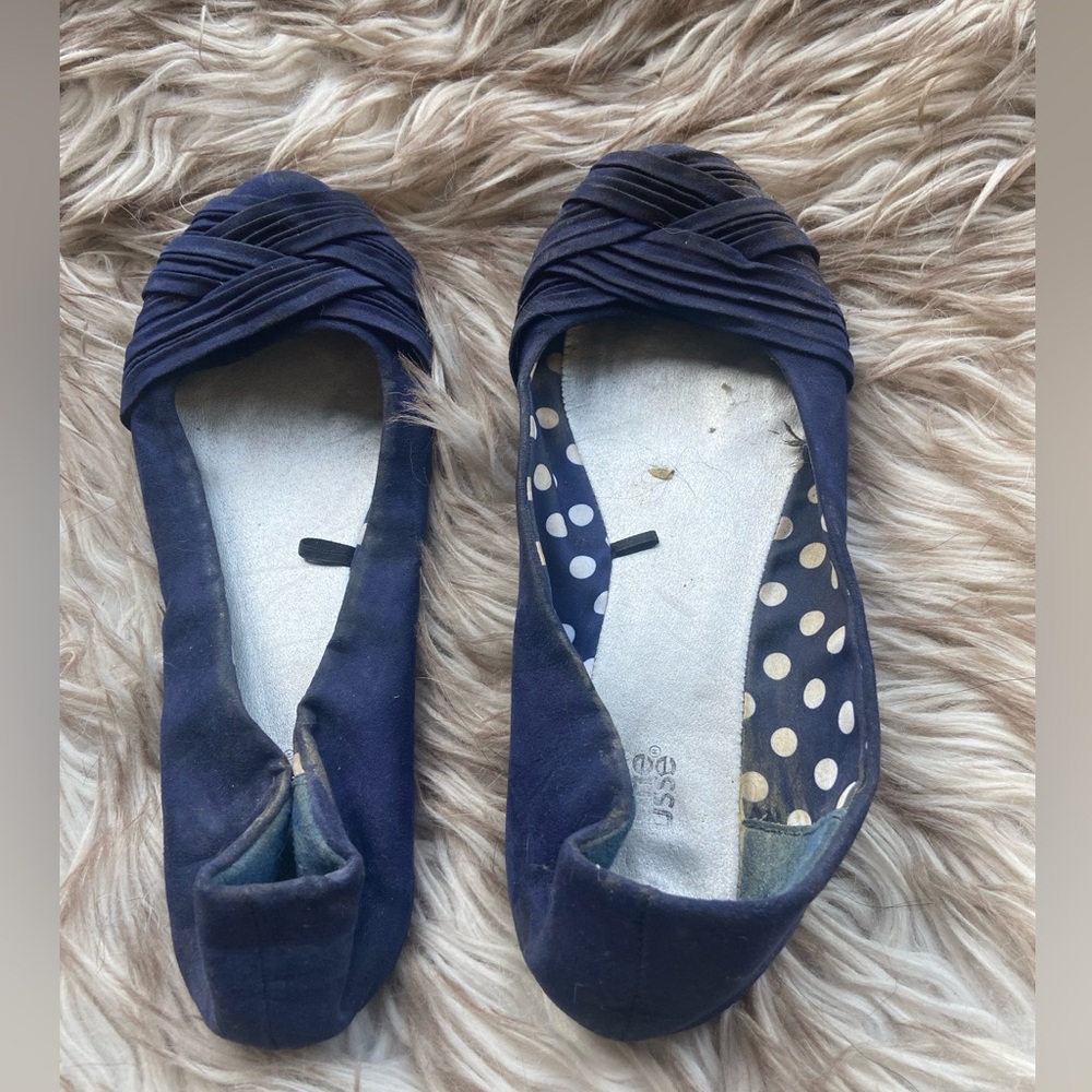Navy Blue Ballet Flats with Ruched Detail: USED/PRE-OWNED/WORN